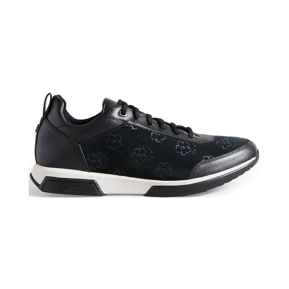 Ted Baker Aylaa Black Leather Floral Trainers Magnolia-Print Fashion Sneakers 7 - Picture 3 of 12